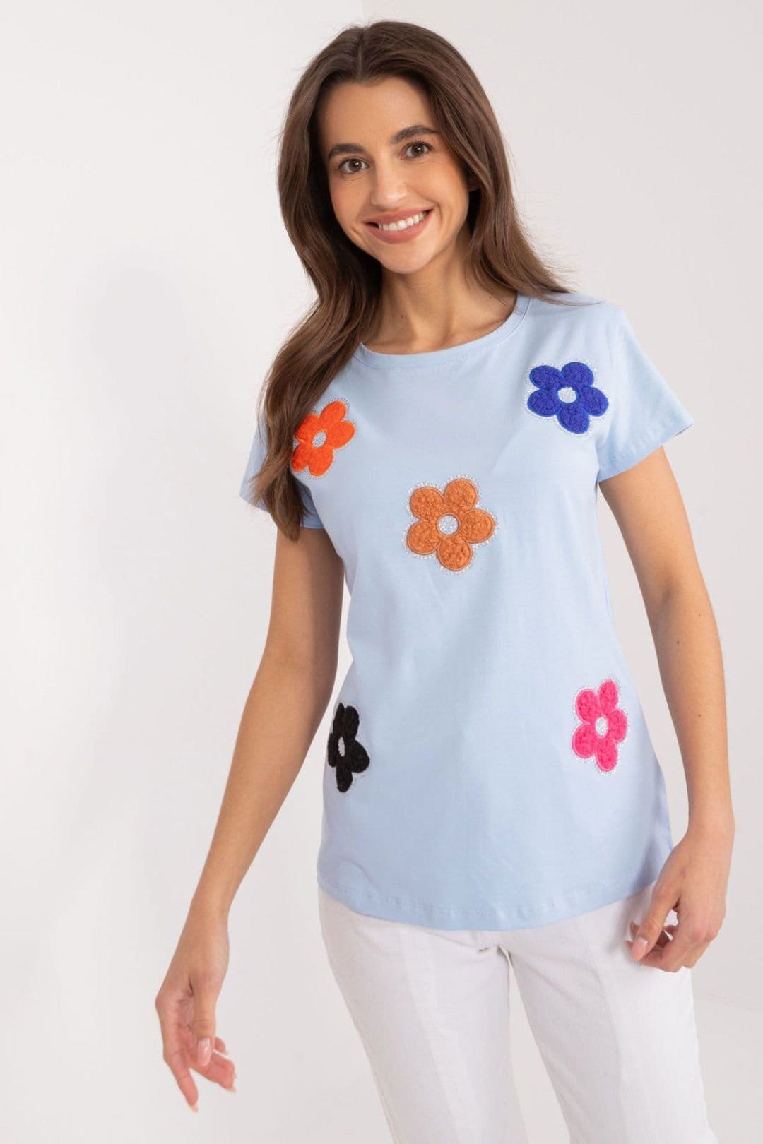 Love Lace Blue Floral Cotton Blouse with Zircon Details