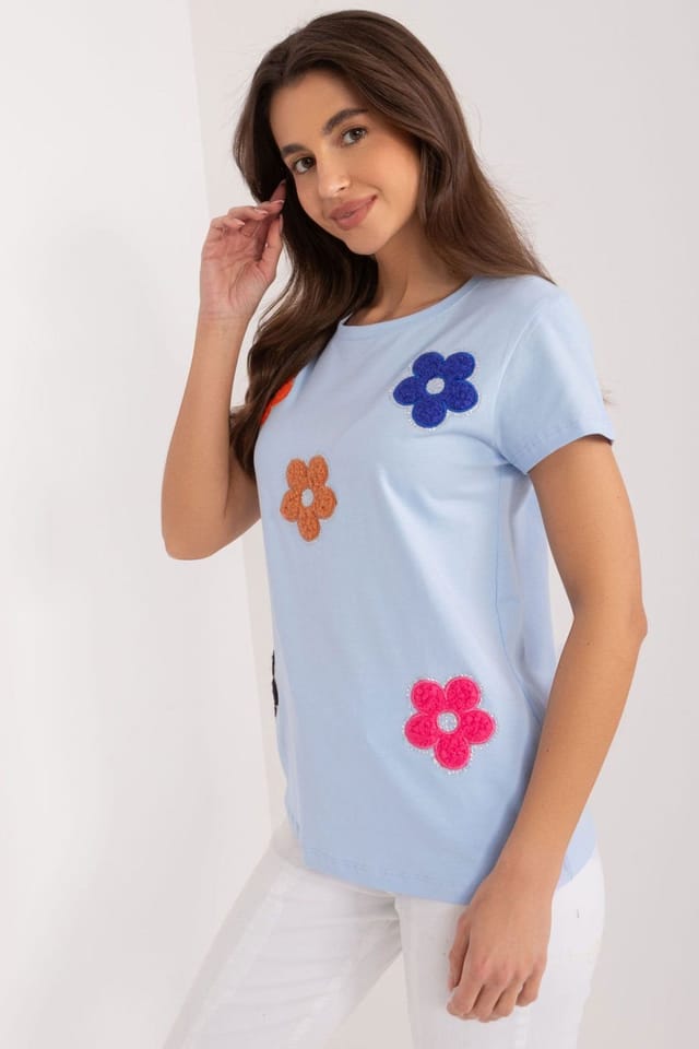 Love Lace Love Lace Women's Cotton Floral Blouse with Zircon Details in Blue - 2