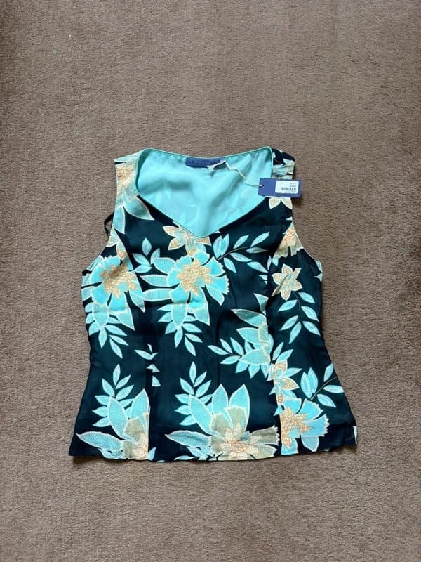 Vintage Supply Stunning autonomy y2k vintage side zip navy teal turquoise yellow flower floral cami top size 8