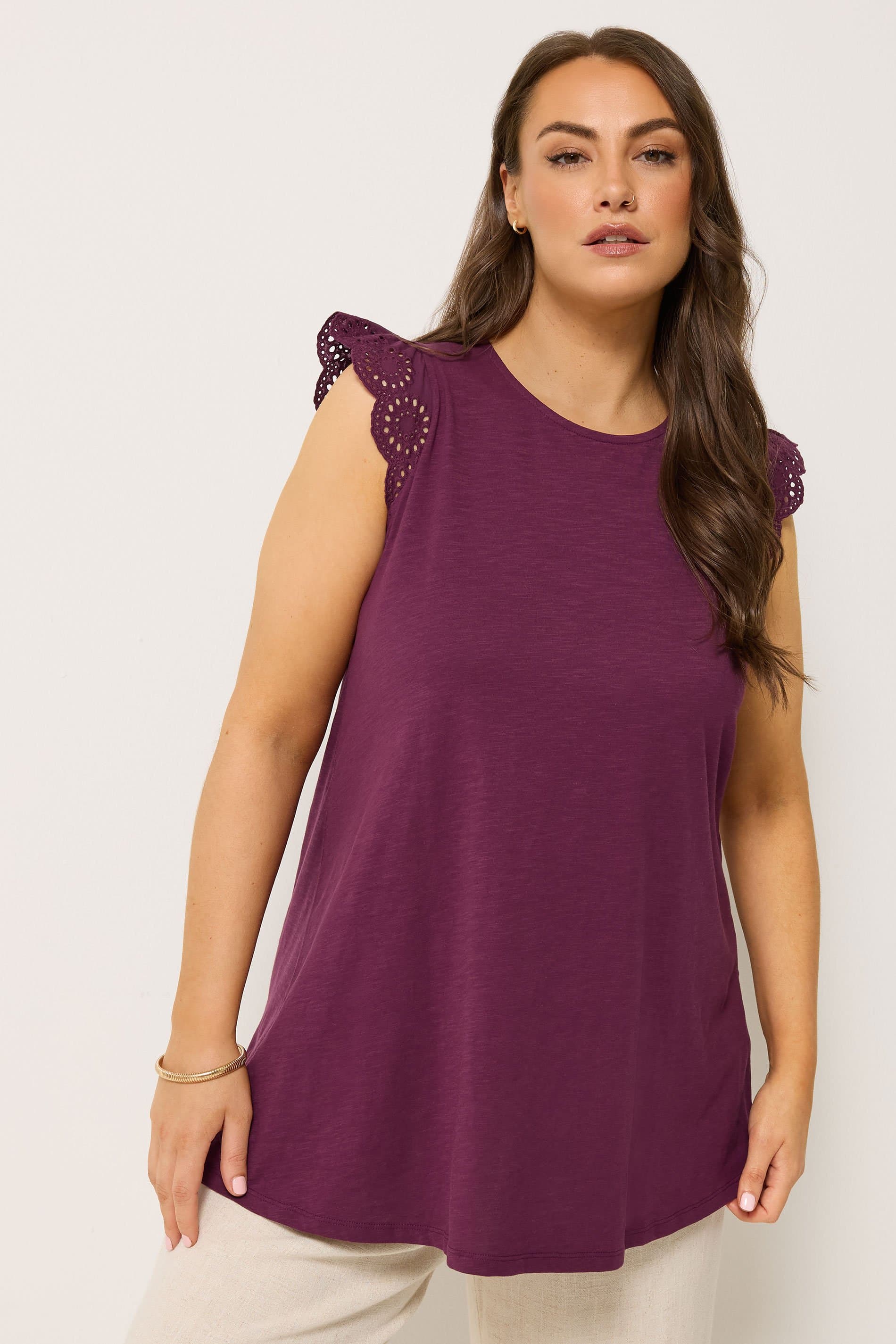 Yours Plus Size Purple Broderie Frill Vest Top