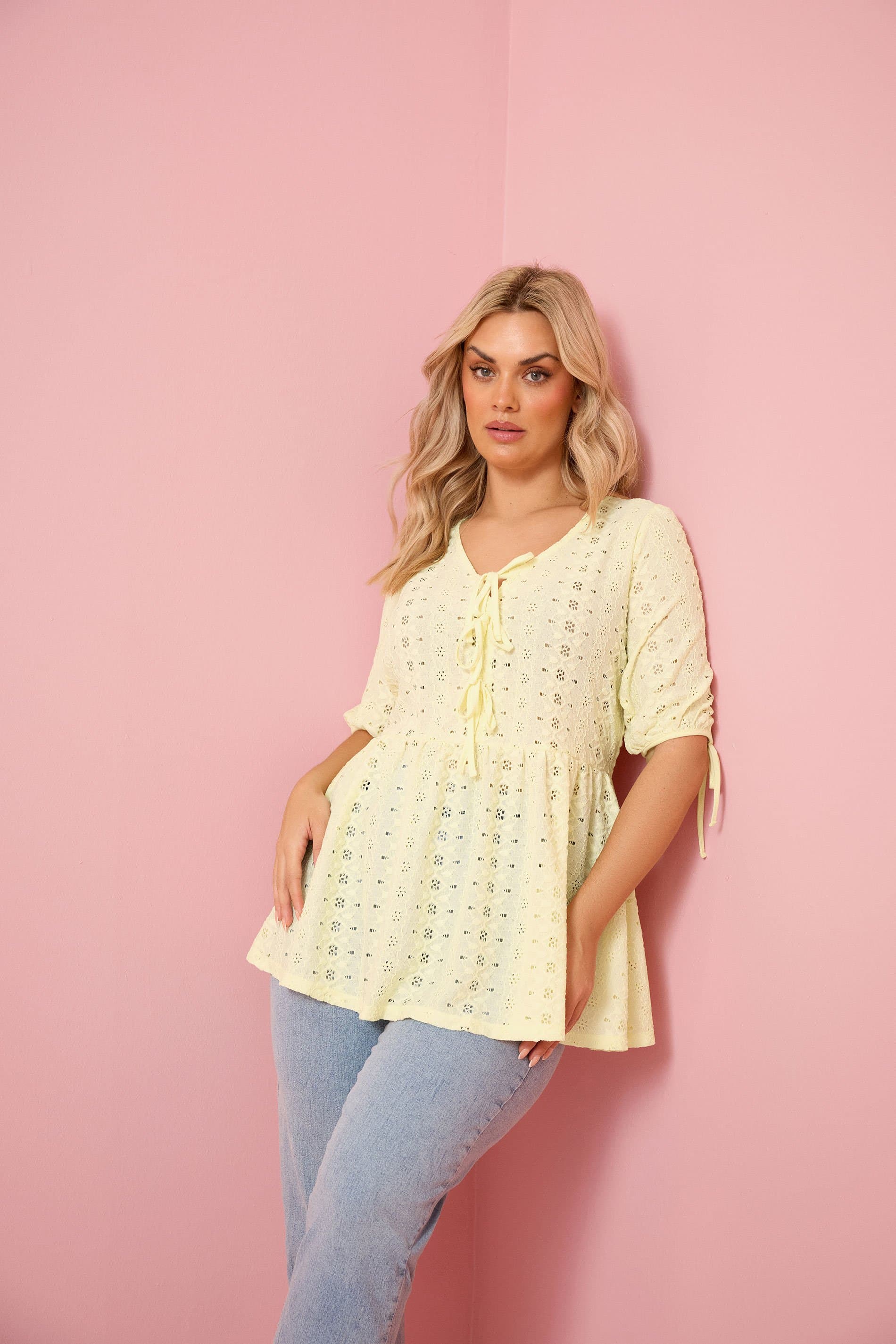 Yours Plus Size Yellow Broderie Anglaise Bow Tie Front Top