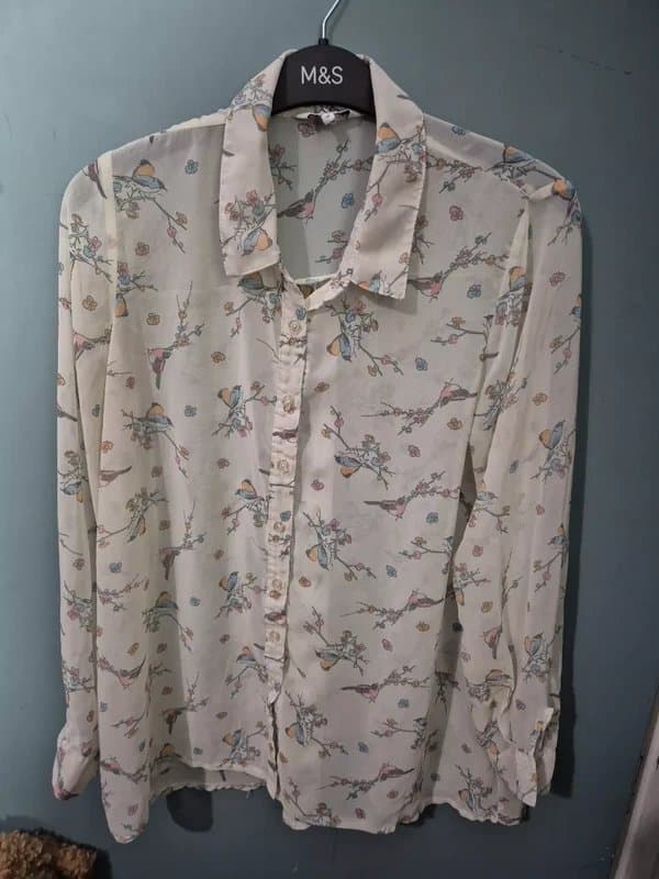 New Look New Look Size 14 Ivory Chiffon Bird Print Long Sleeve Shirt Blouse Top (125/109)