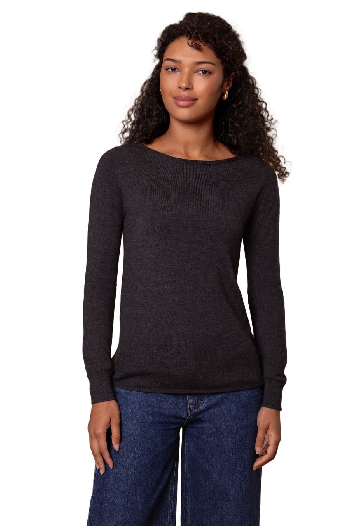 Celtic & Co Celtic & Co Women's Merino Fine Knit Boat Neck Sweater in Dark Grey