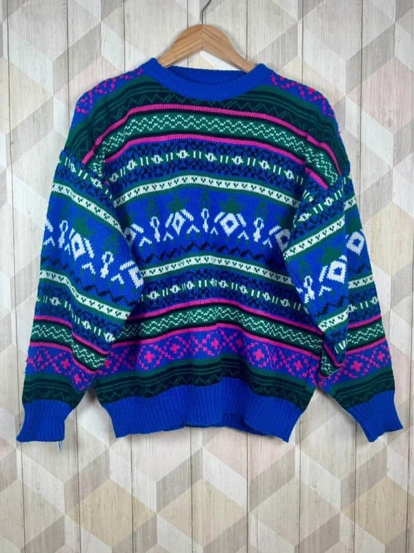 Vintage Dressing Vintage Nordic Pattern Jumper Fair Isle Knit Blue Oversized Cosy Sweater