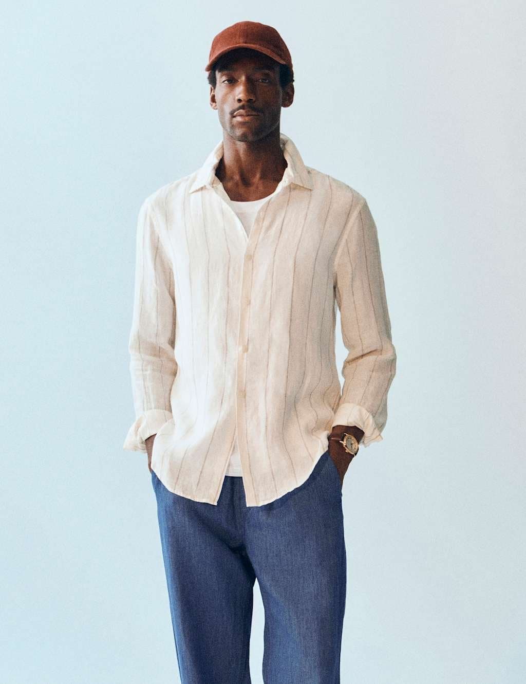 Marks & Spencer M&S Regular Fit Pure Linen Striped Shirt White Mix