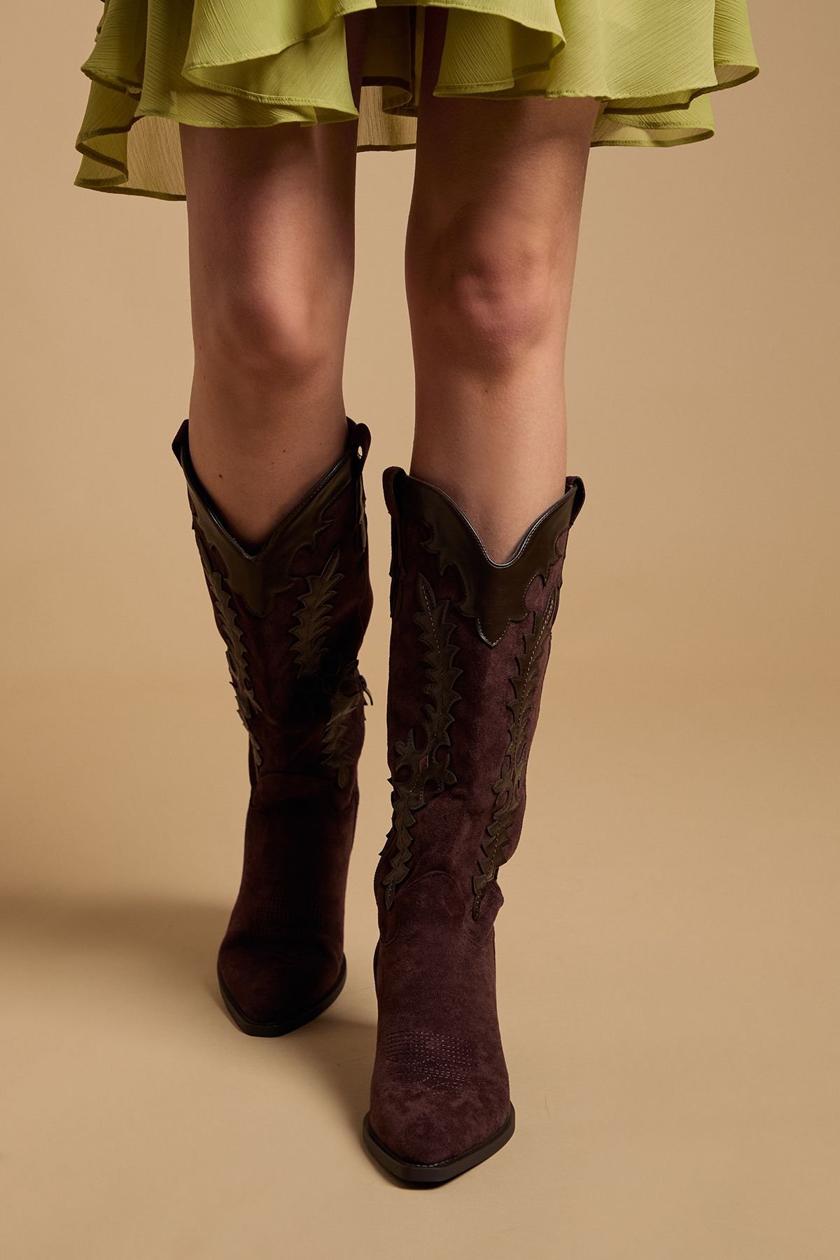 Oasis Oasis Women's Jessie Faux Suede & Leather Western Cowboy Calf Boots in Chocolate - 2