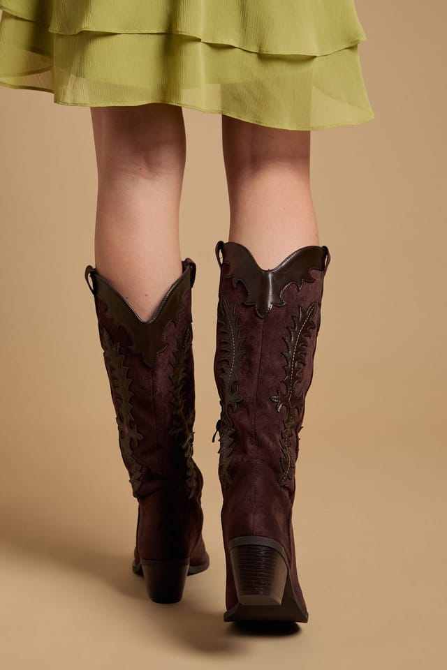 Oasis Oasis Women's Jessie Faux Suede & Leather Western Cowboy Calf Boots in Chocolate - 3