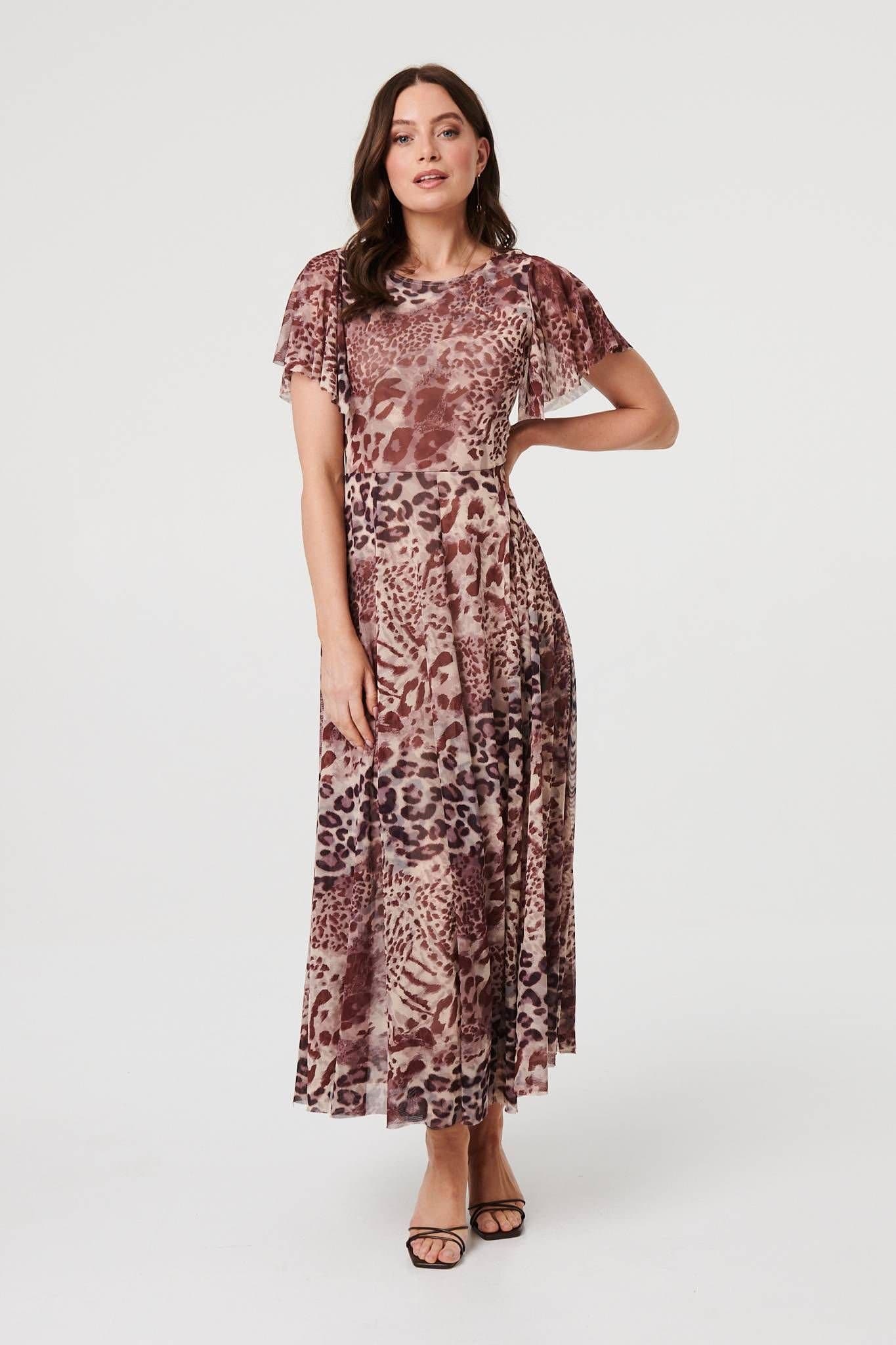 Izabel London Izabel London Women's Animal Print Angel Sleeve Maxi Dress in Brown