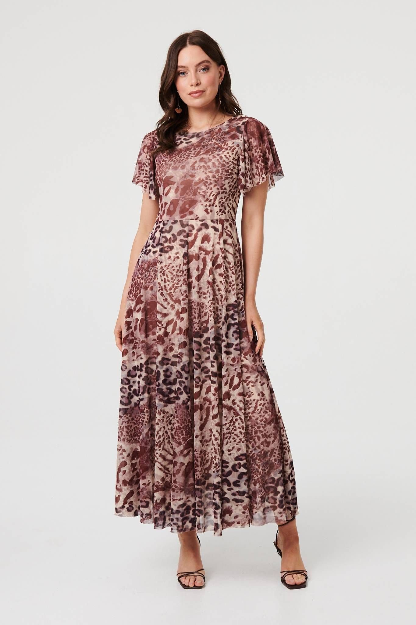 Izabel London Izabel London Women's Animal Print Angel Sleeve Maxi Dress in Brown - 4