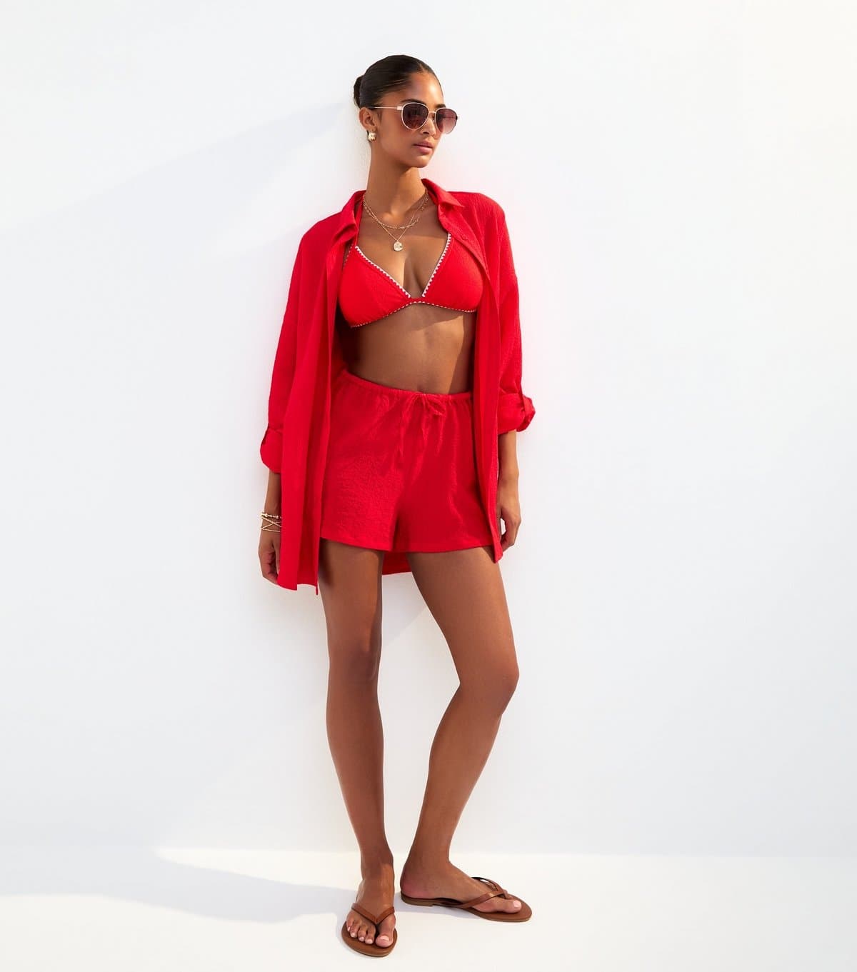 New Look Women's Red Textured Drawstring Shorts New Look