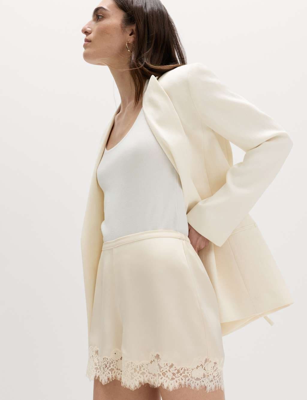 Marks & Spencer M&S Satin Lace Trim Shorts Cream