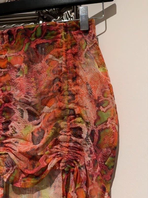 PLT Mesh orange and pink mesh snake print mini skirt with ruched detail