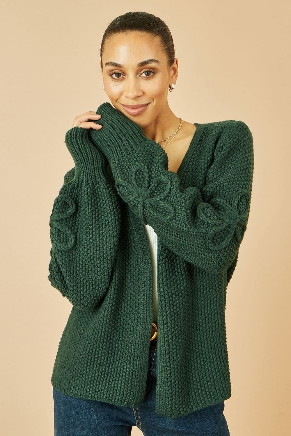Yumi Yumi Women's Green Edge to Edge Cardigan With Flower Detail Sleeves