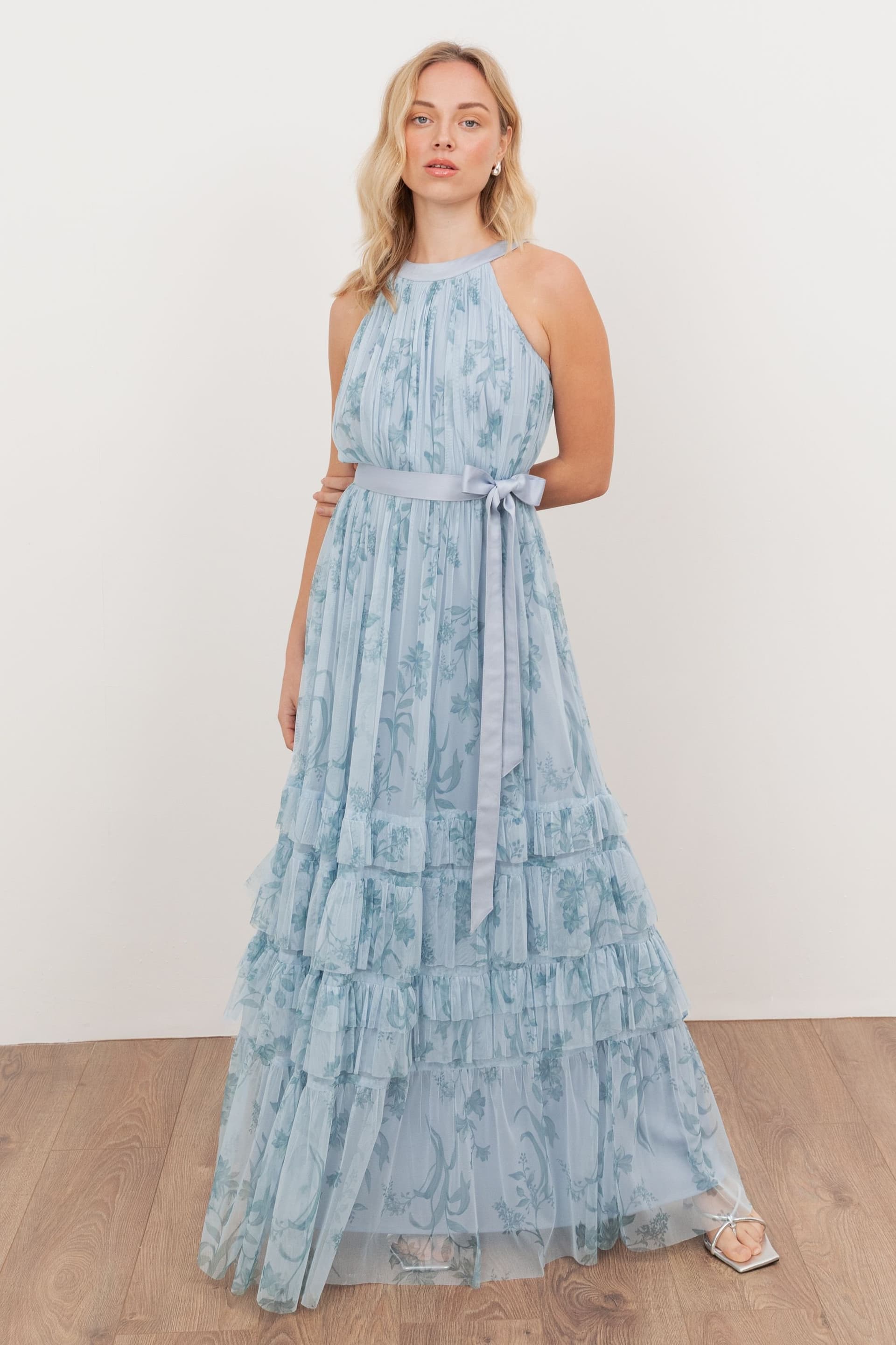 Anaya with Love Anaya with Love Women's Floral Halter Neck Ruffle Tulle Maxi Dress in Blue