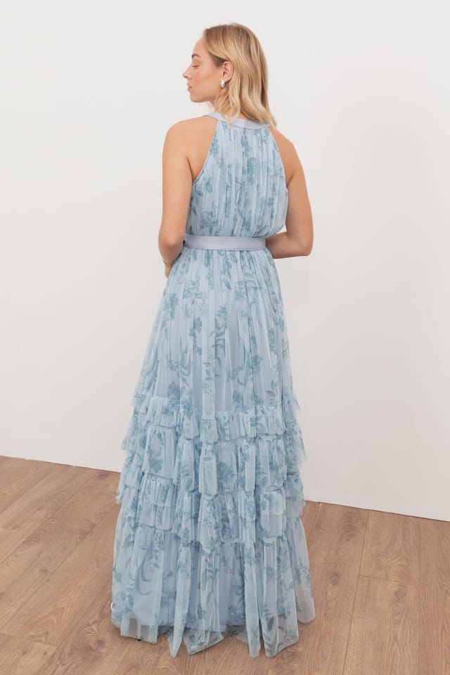 Anaya with Love Anaya with Love Women's Floral Halter Neck Ruffle Tulle Maxi Dress in Blue - 2