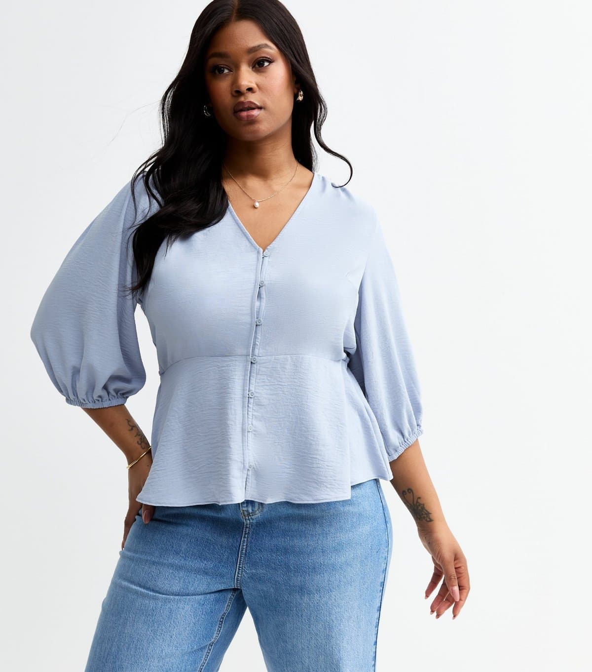 New Look Women's Plus Size Blue Crinkle Texture Button Front Tea Top Curves New Look