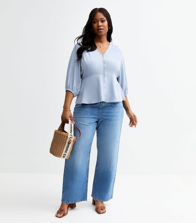 New Look Women's Plus Size Blue Crinkle Texture Button Front Tea Top Curves New Look - 2