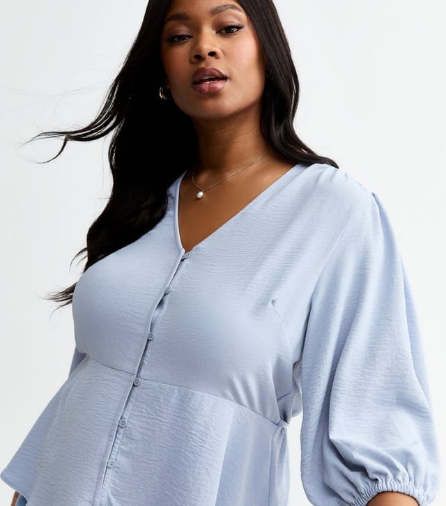 New Look Women's Plus Size Blue Crinkle Texture Button Front Tea Top Curves New Look - 3