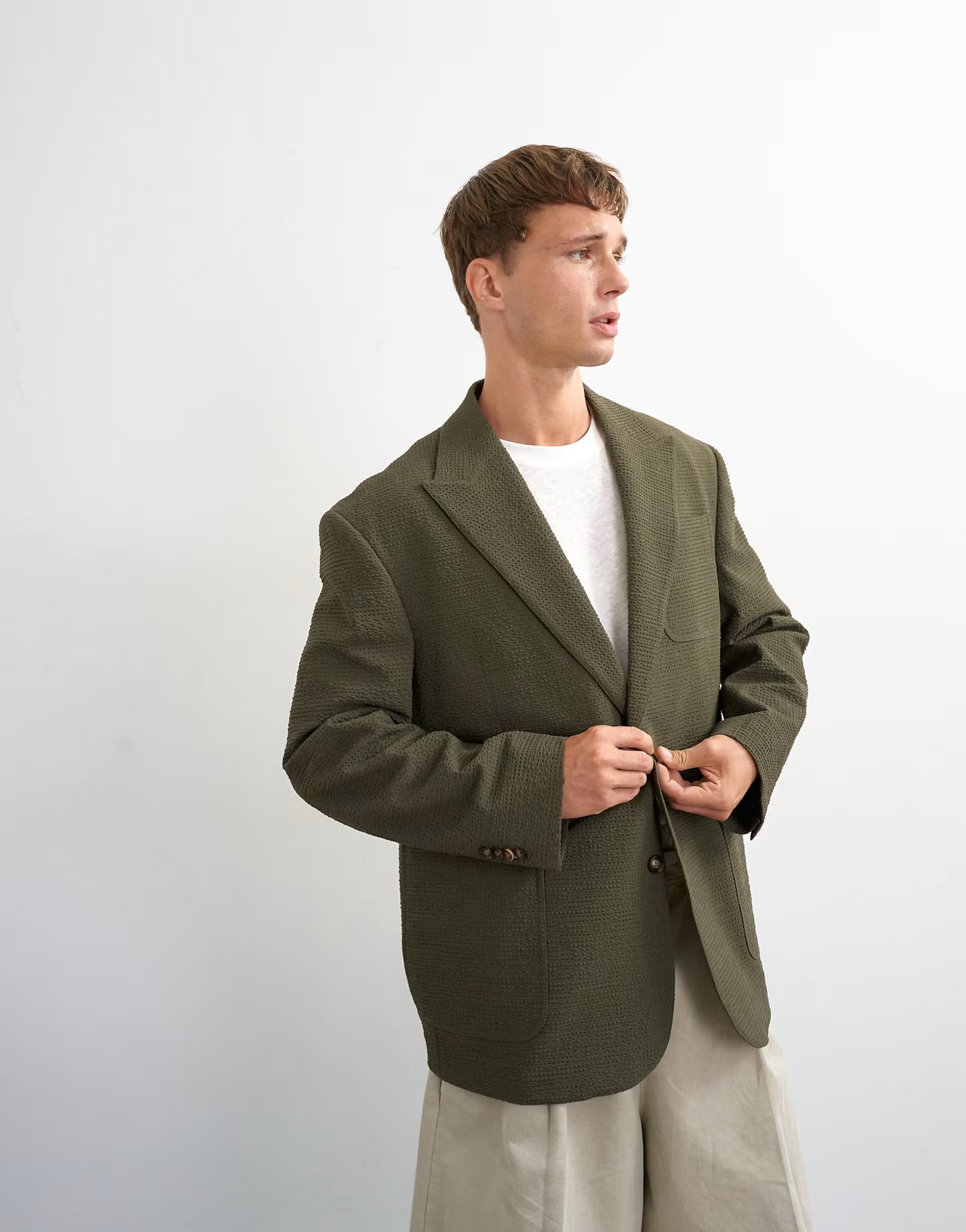 ASOS Topman oversized fit deconstructed seersucker blazer in khaki