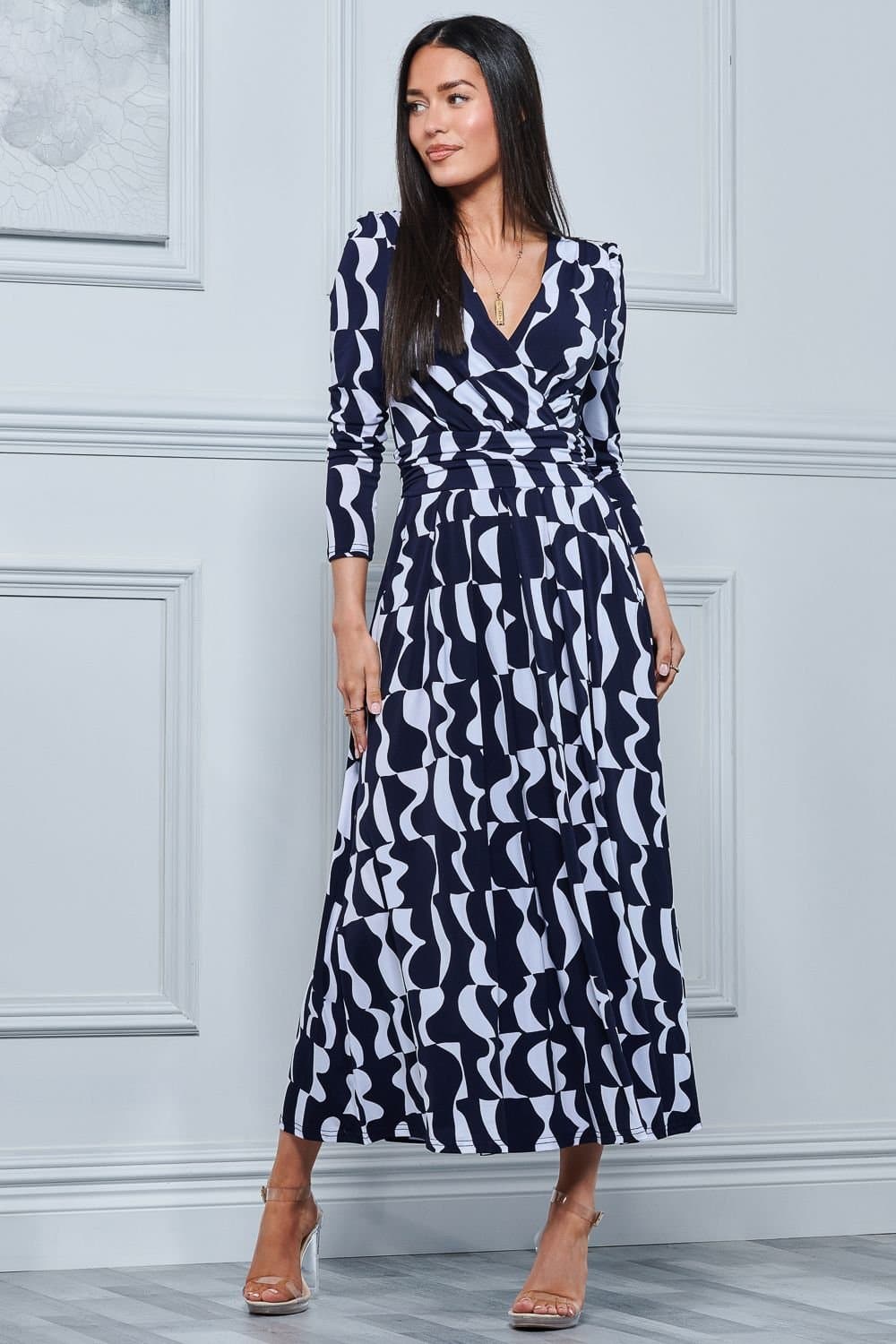 Jolie Moi Jolie Moi Women's Geometric Print Long Sleeve Maxi Dress in Navy