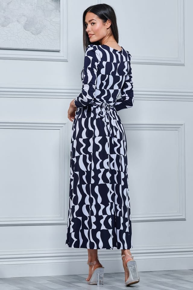 Jolie Moi Jolie Moi Women's Geometric Print Long Sleeve Maxi Dress in Navy - 2