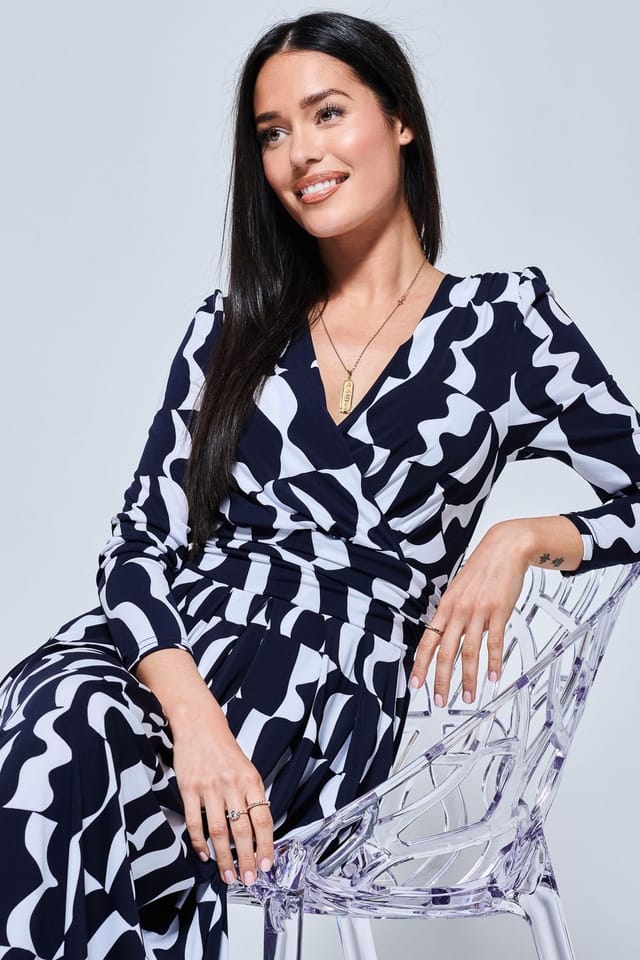 Jolie Moi Jolie Moi Women's Geometric Print Long Sleeve Maxi Dress in Navy - 3