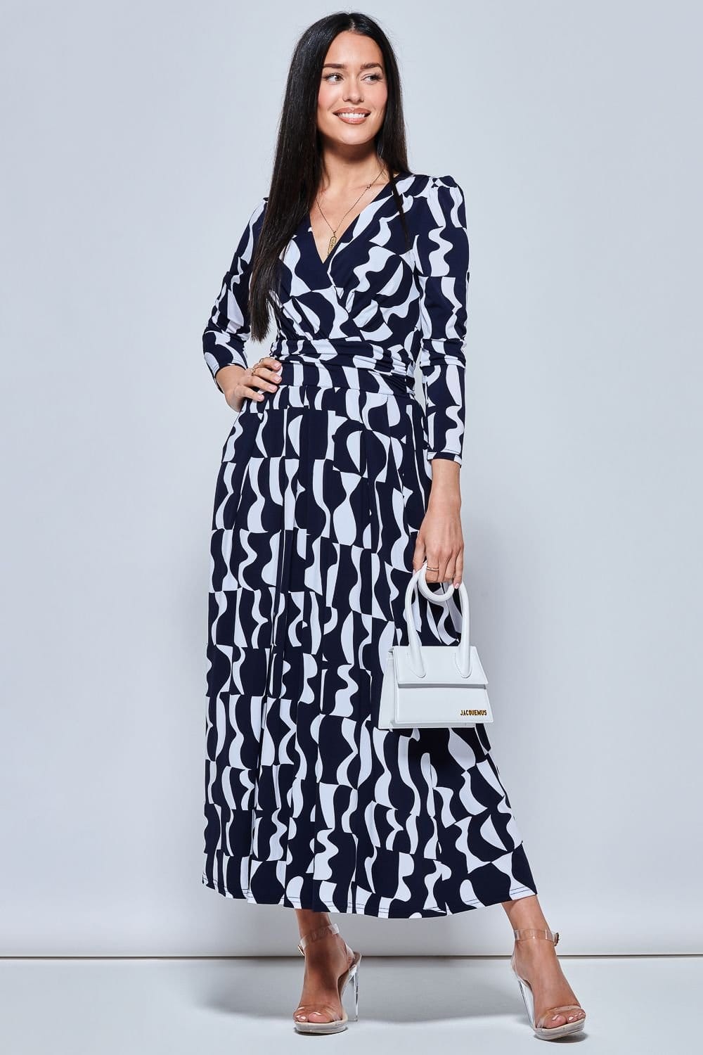 Jolie Moi Jolie Moi Women's Geometric Print Long Sleeve Maxi Dress in Navy - 4