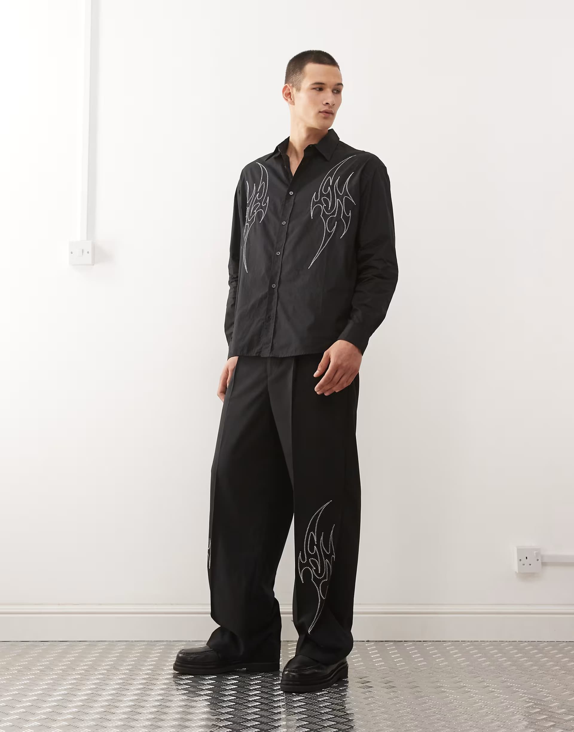 ASOS Weekday co-ord tailored trousers with silver embroidery in black