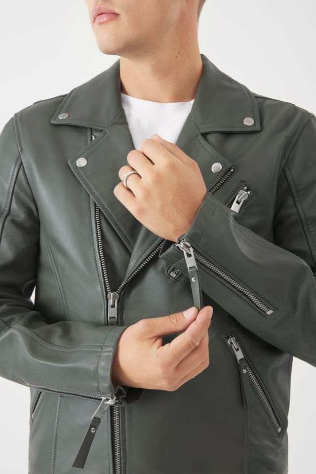 Bolongaro Trevor Bolongaro Trevor Men's Real Leather Jake Biker Jacket in Olive - 2