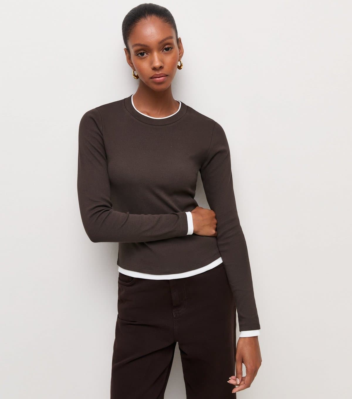 New Look Women's Dark Brown Cotton Rich Double Layer Long Sleeve Top New Look