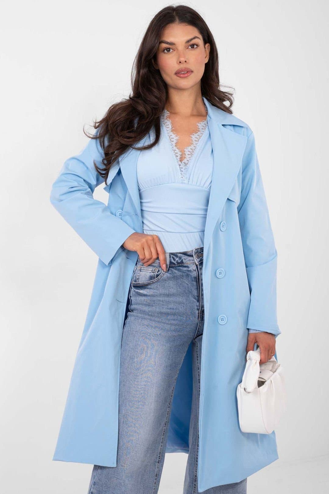 Love Lace Love Lace Women's Classic Double Breasted Trench Coat with Belt in Blue