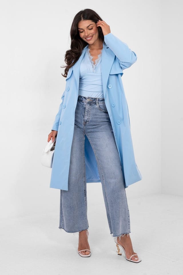 Love Lace Love Lace Women's Classic Double Breasted Trench Coat with Belt in Blue - 2