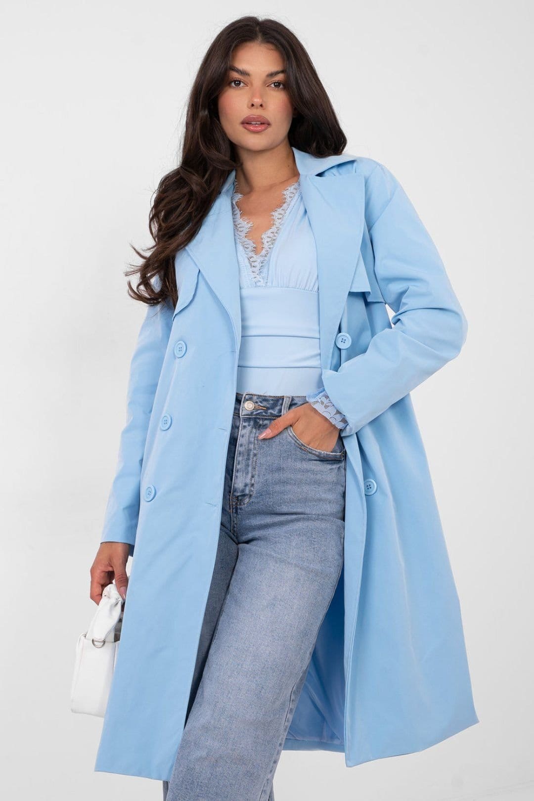 Love Lace Love Lace Women's Classic Double Breasted Trench Coat with Belt in Blue - 4