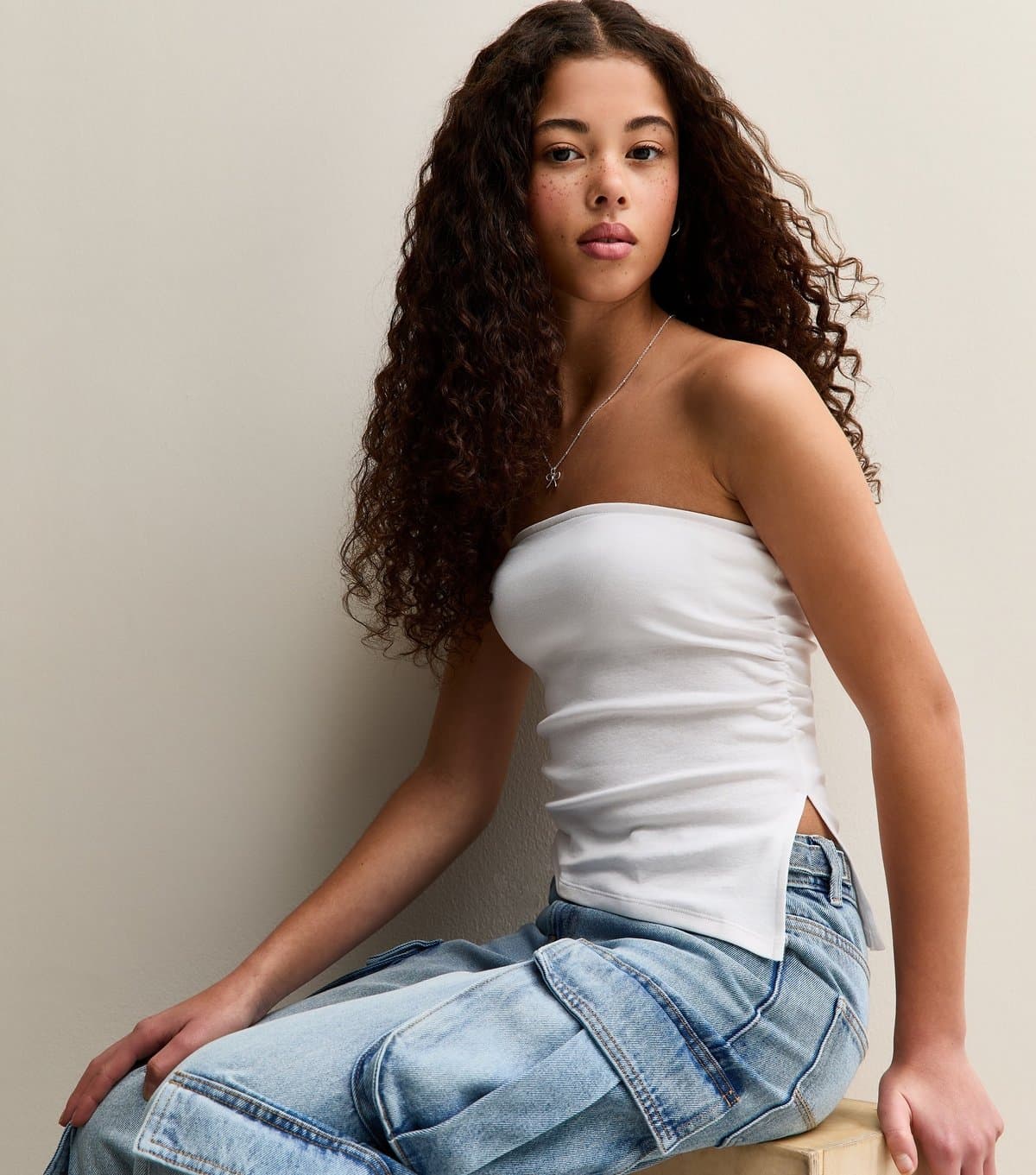 New Look Girls' White Asymmetric Ruched Side Bandeau Top New Look