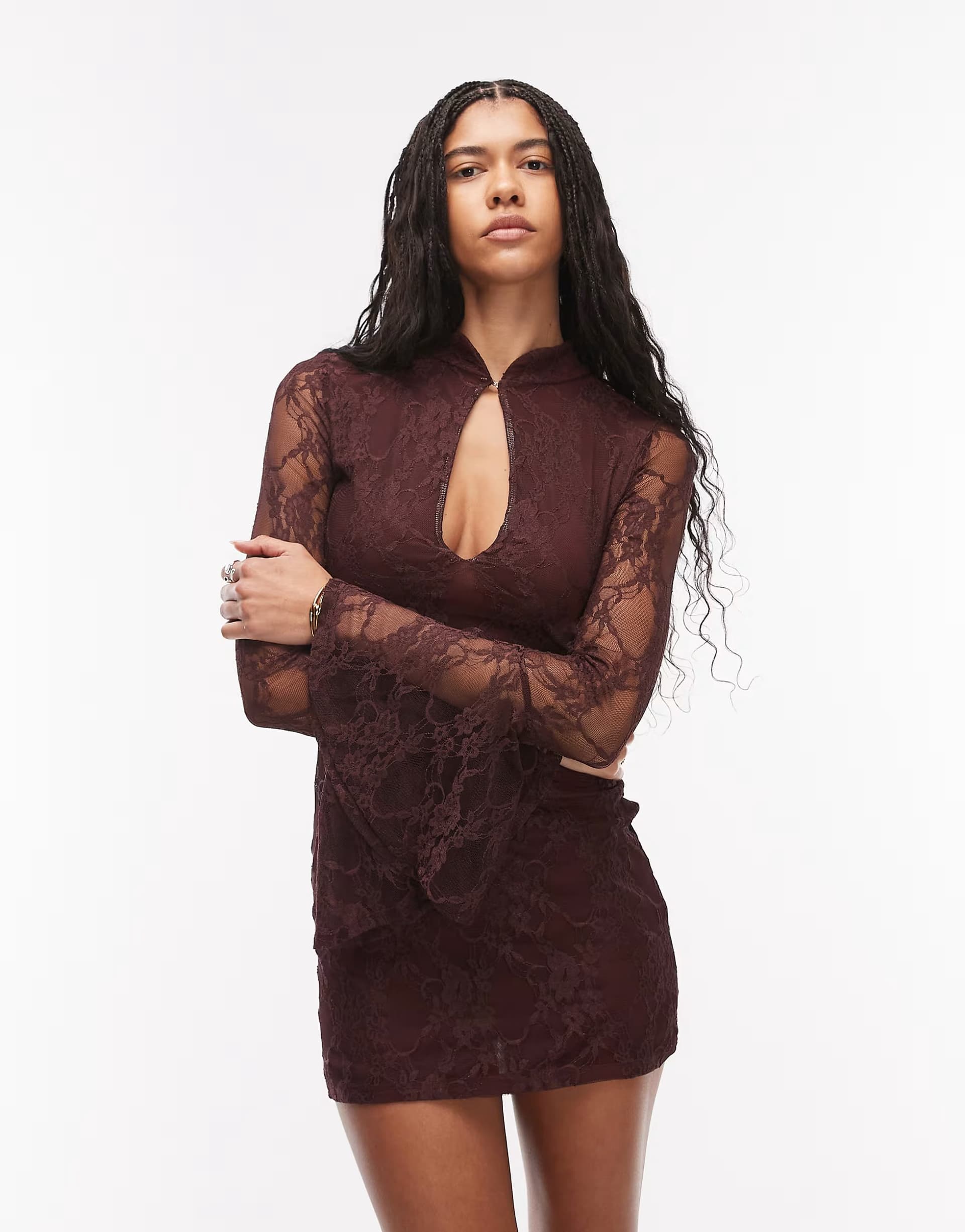 ASOS ASOS DESIGN lace mini flute sleeve dress with mandarian collar in chocolate