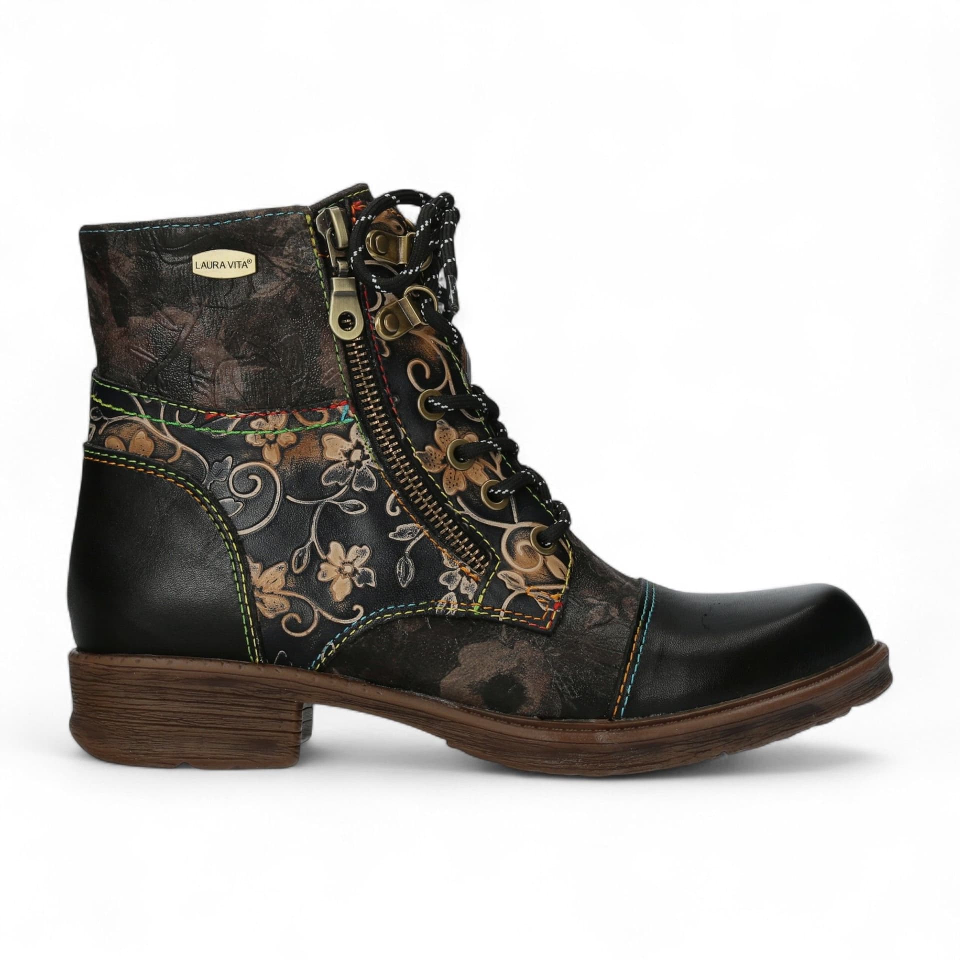 laura vita Laura Vita Women's Anita 006 Floral Gothic Victorian Leather Ankle Boots in Black