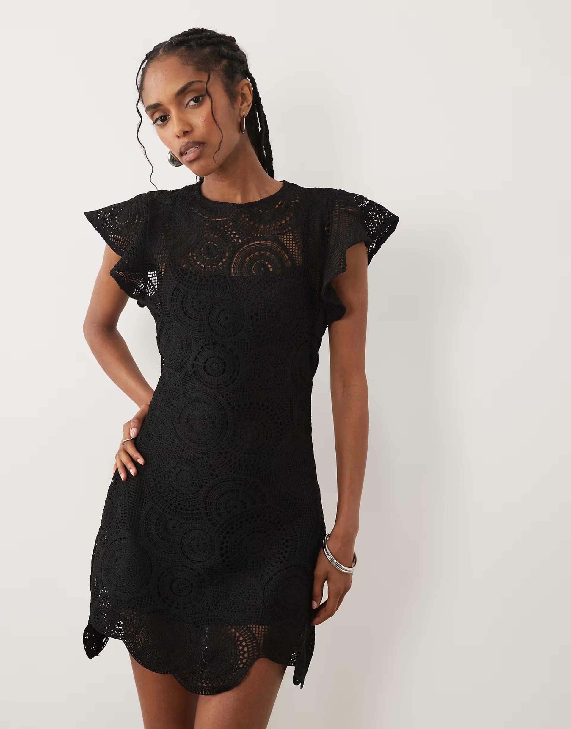 ASOS ASOS DESIGN crochet flutter sleeve mini dress in black fabric