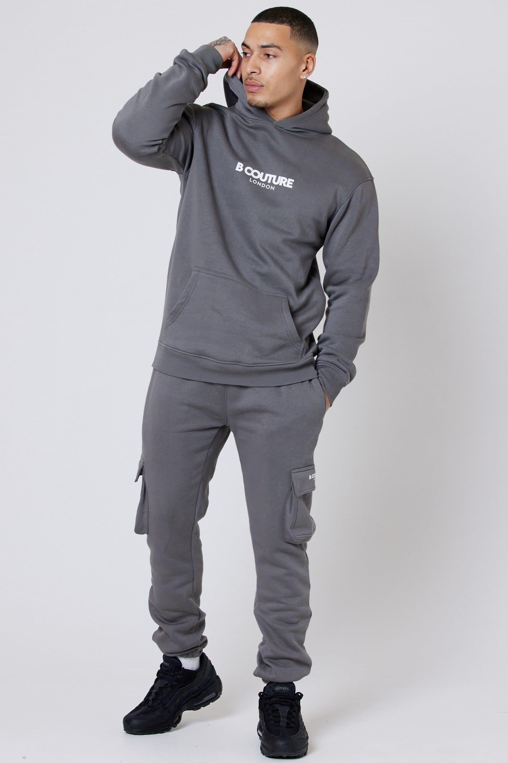 BCouture BCouture Men's Pullover Hoodie & Cargo Joggers Tracksuit Set in Dark Grey