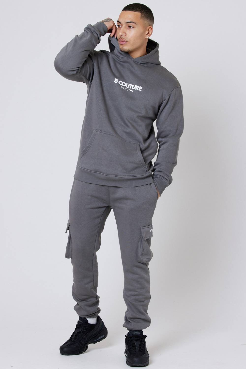 BCouture BCouture Men's Pullover Hoodie & Cargo Joggers Tracksuit Set in Dark Grey - 2