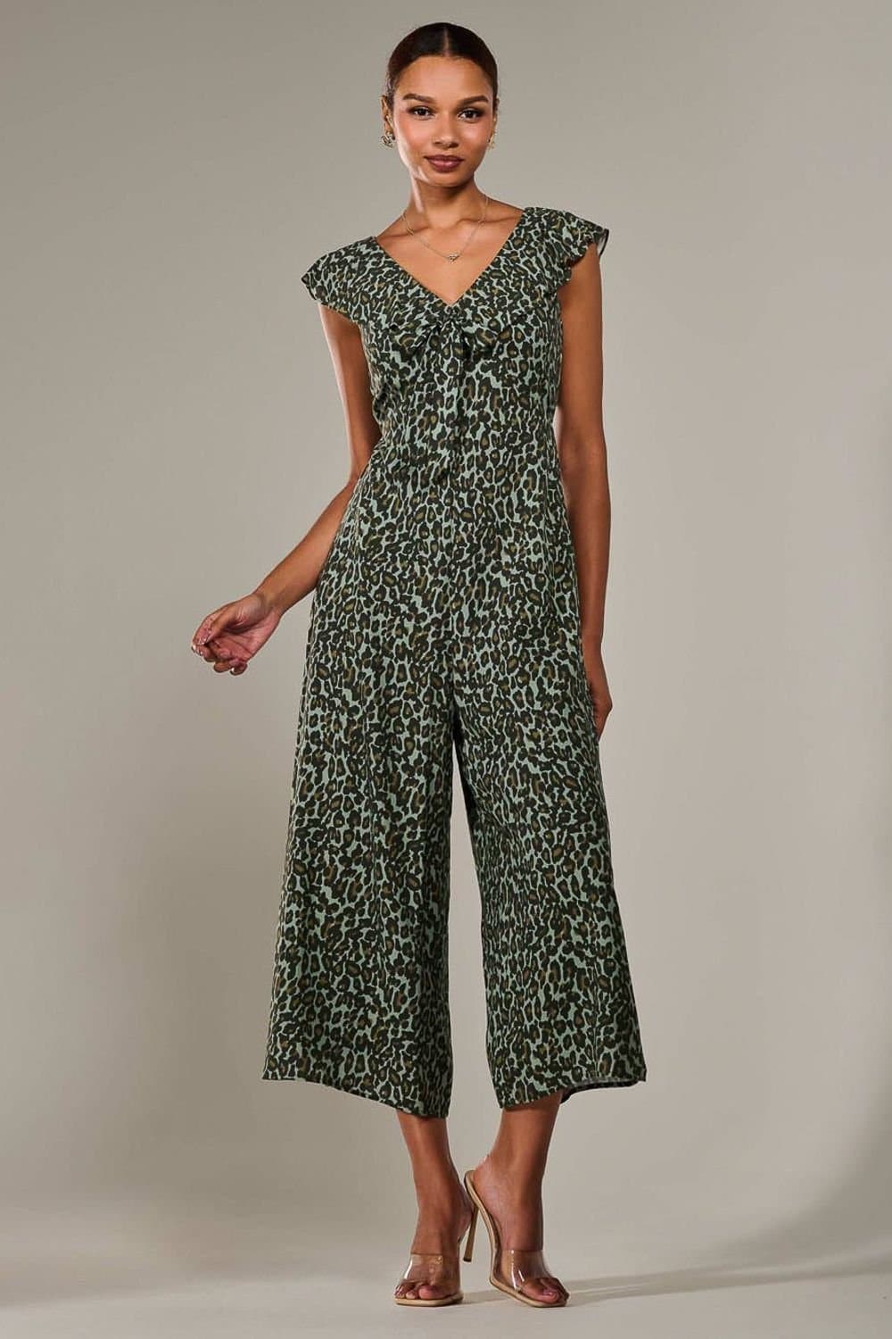 Jolie Moi Jolie Moi Women's Frill Tie-front Jumpsuit in Dark Green