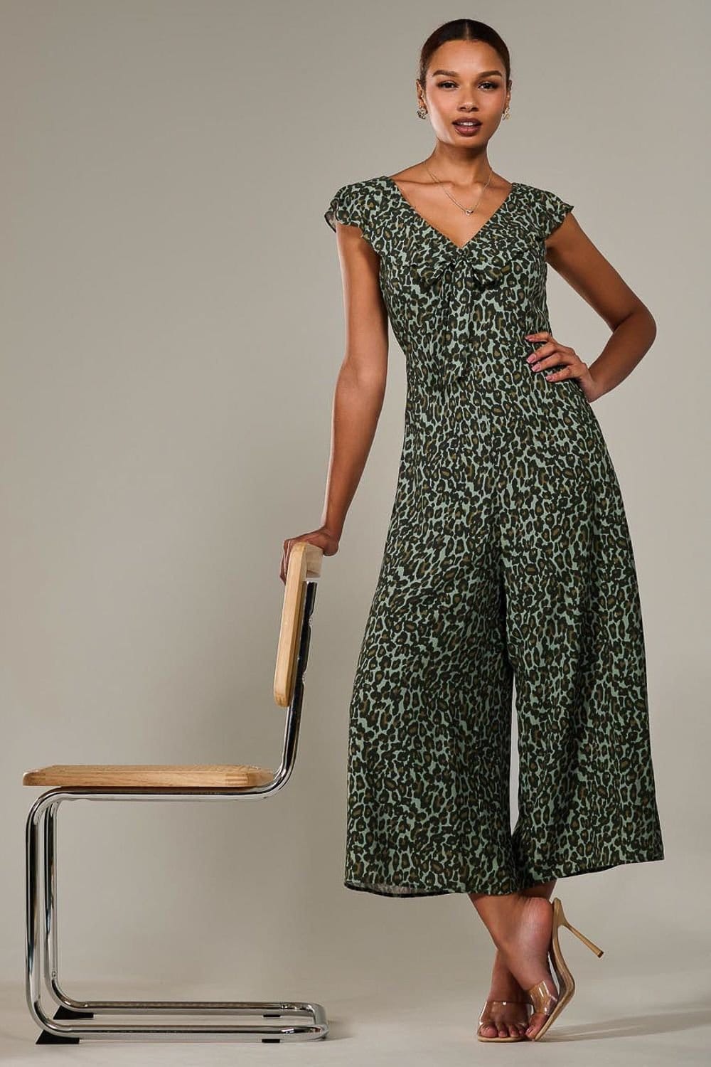 Jolie Moi Jolie Moi Women's Frill Tie-front Jumpsuit in Dark Green - 4