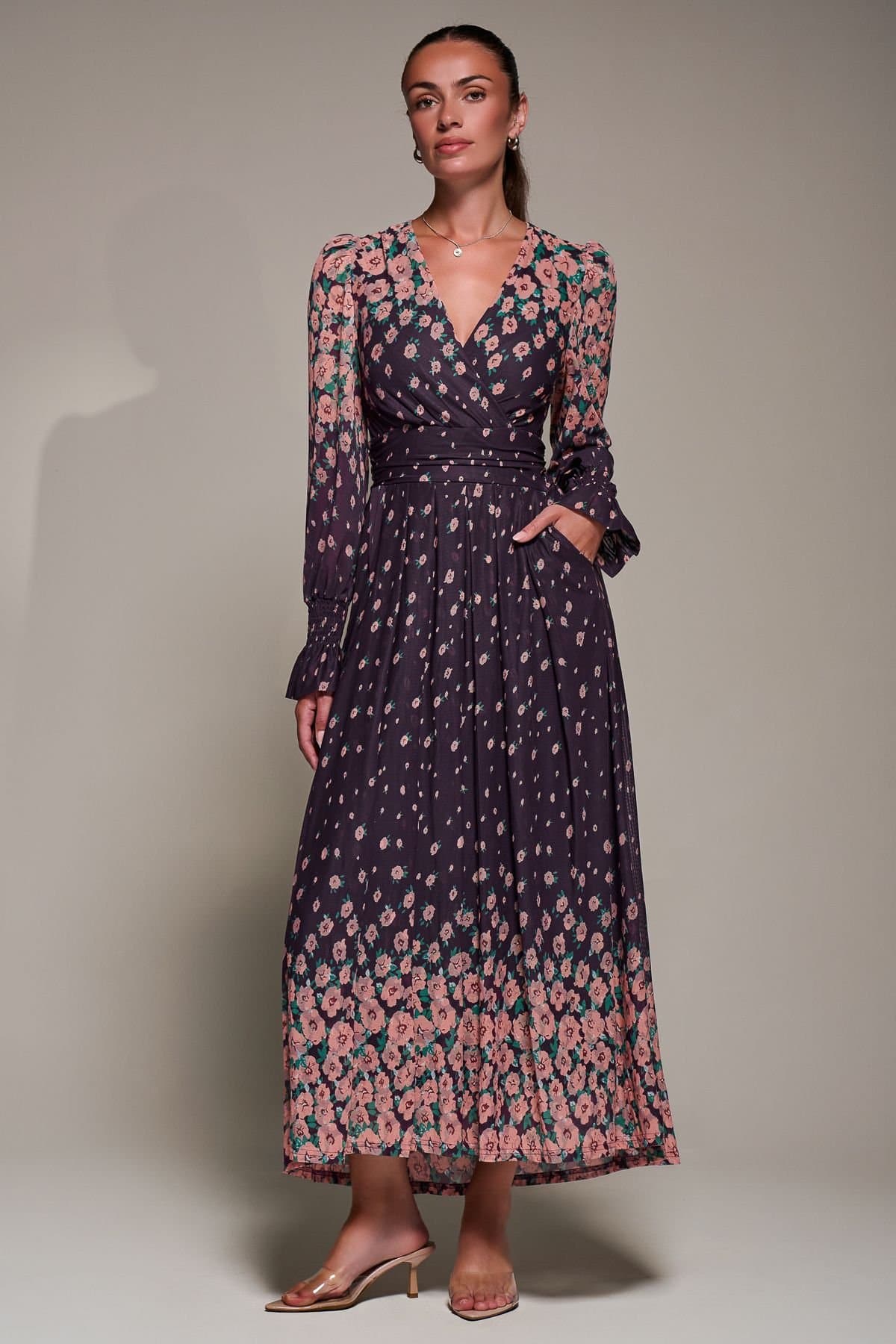 Jolie Moi Jolie Moi Women's Mirrored Print Long Sleeve Mesh Maxi Dress in Purple