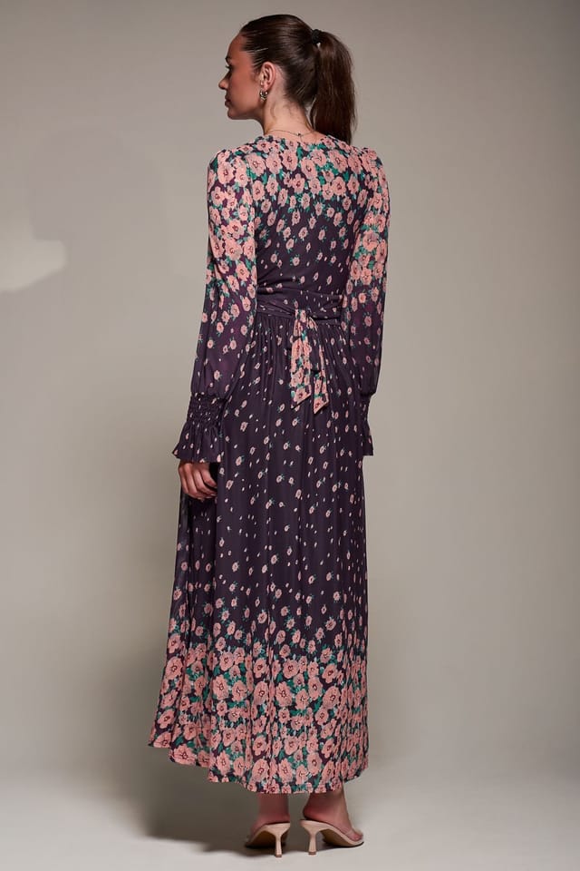 Jolie Moi Jolie Moi Women's Mirrored Print Long Sleeve Mesh Maxi Dress in Purple - 2