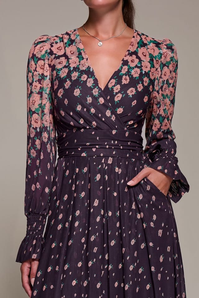 Jolie Moi Jolie Moi Women's Mirrored Print Long Sleeve Mesh Maxi Dress in Purple - 3