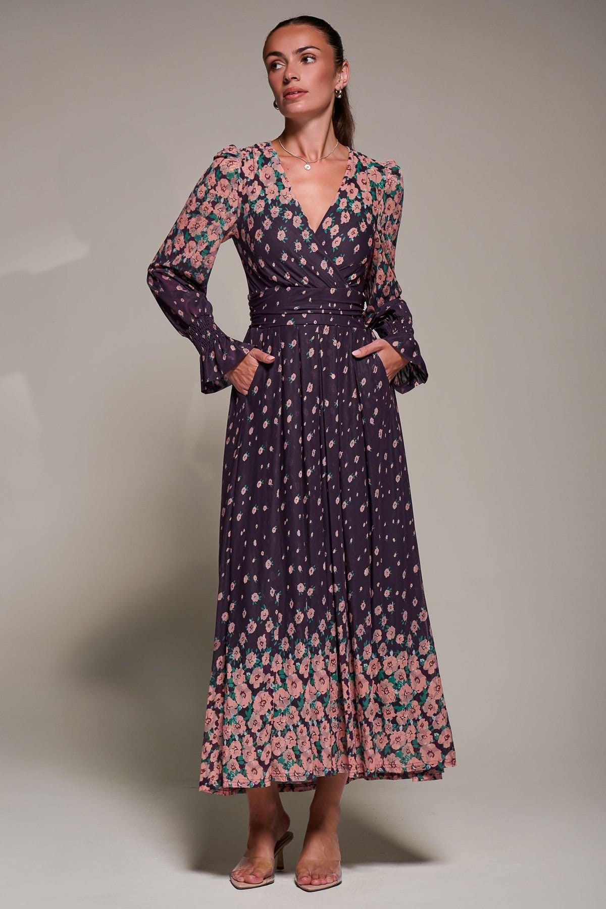 Jolie Moi Jolie Moi Women's Mirrored Print Long Sleeve Mesh Maxi Dress in Purple - 4