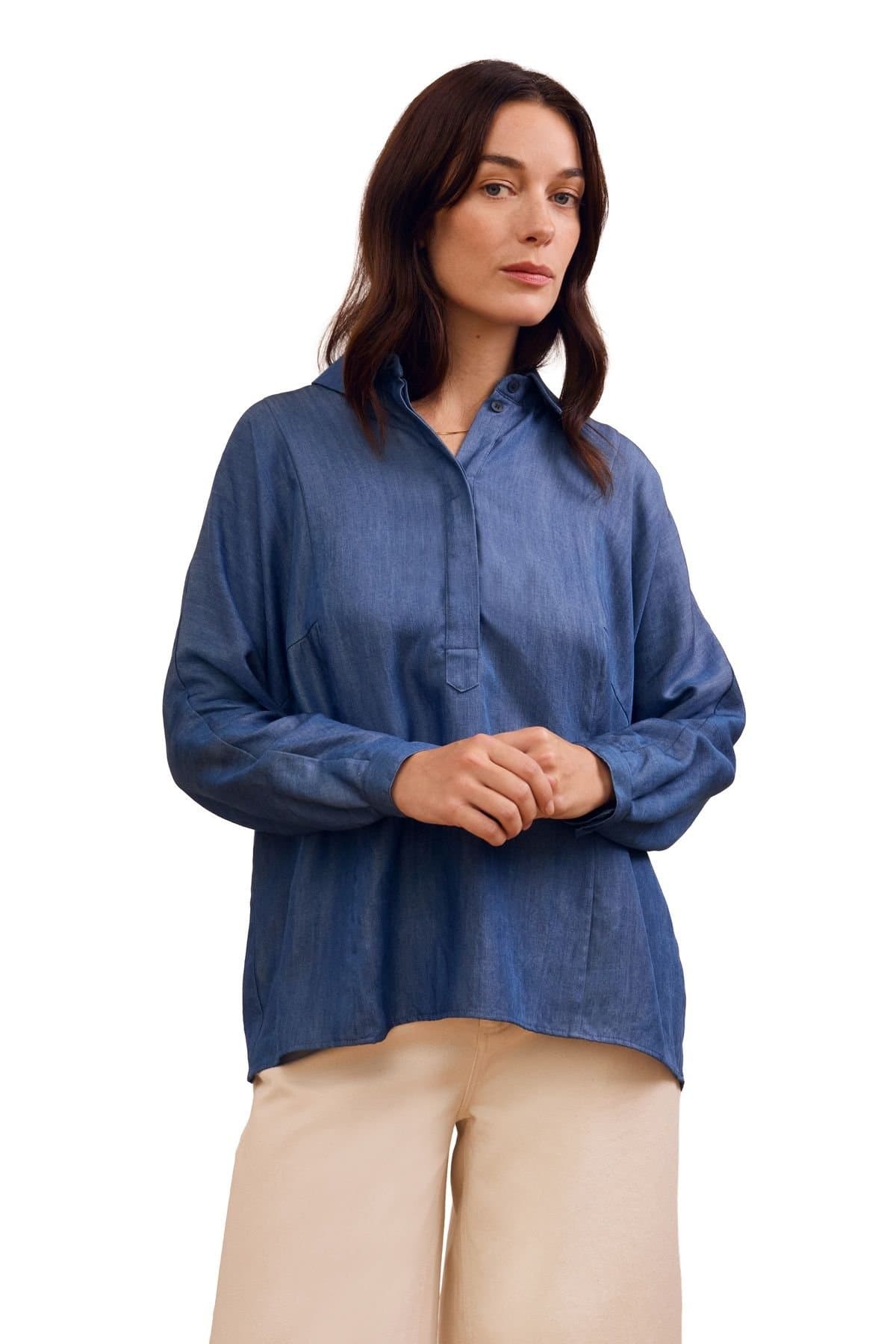 Celtic & Co Celtic & Co Women's Drapey Pop Over Blouse in Mid Blue