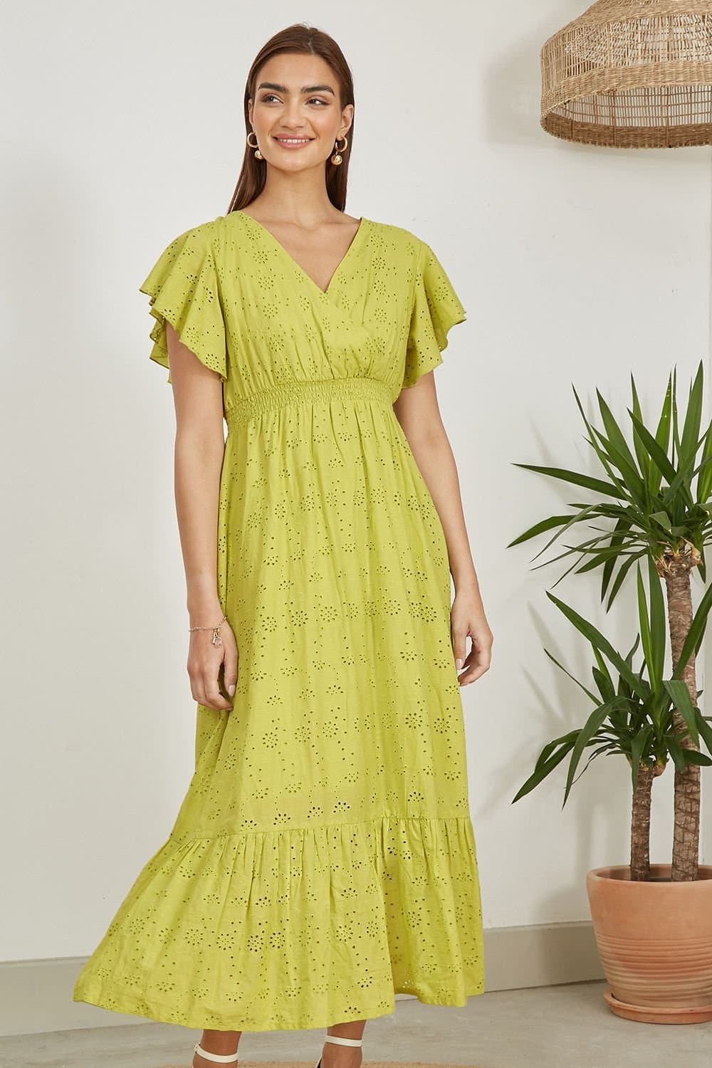 Yumi Yumi Women's Lime Cotton Broderie Anglaise Wrap Midi Dress in Light Green