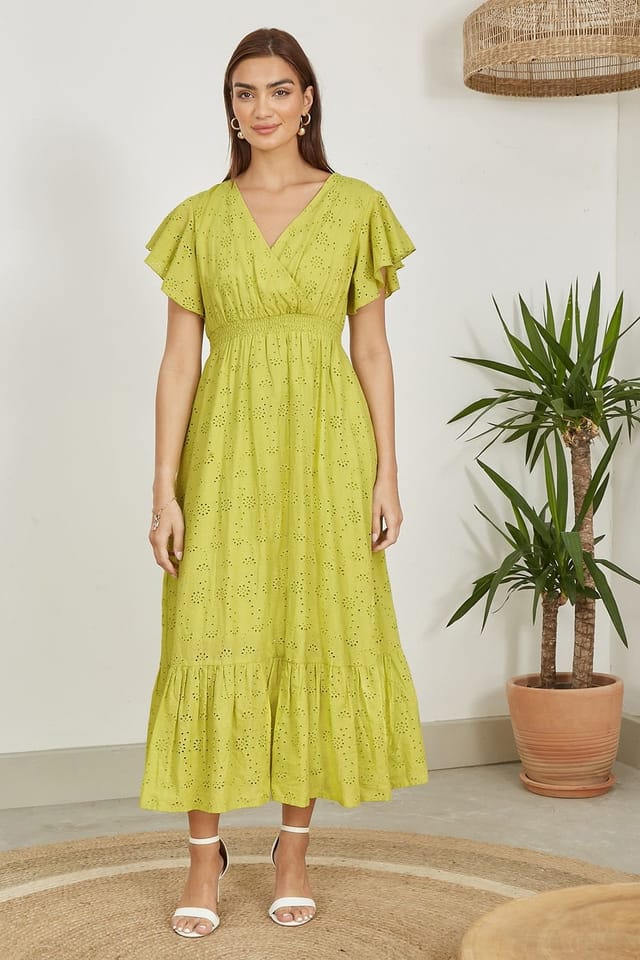 Yumi Yumi Women's Lime Cotton Broderie Anglaise Wrap Midi Dress in Light Green - 2