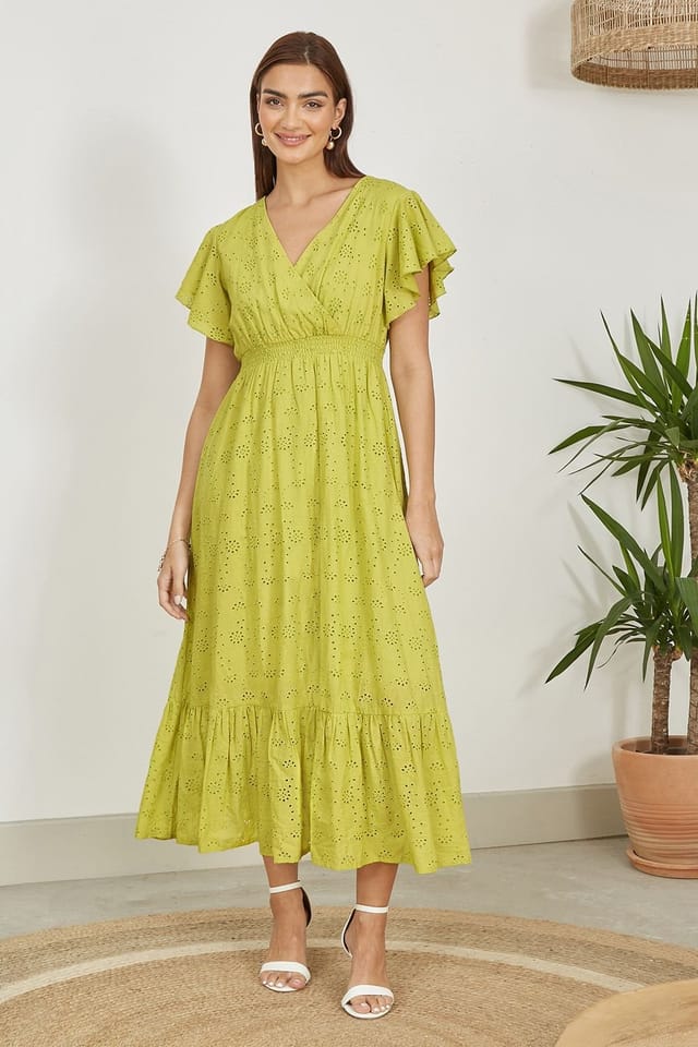 Yumi Yumi Women's Lime Cotton Broderie Anglaise Wrap Midi Dress in Light Green - 3