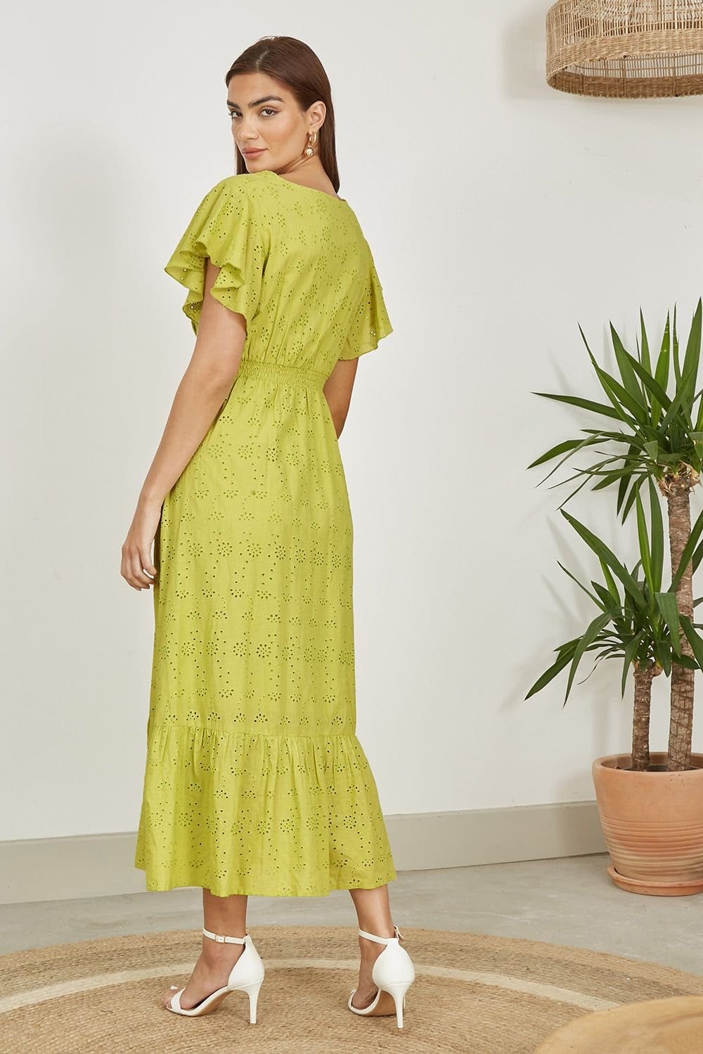 Yumi Yumi Women's Lime Cotton Broderie Anglaise Wrap Midi Dress in Light Green - 4